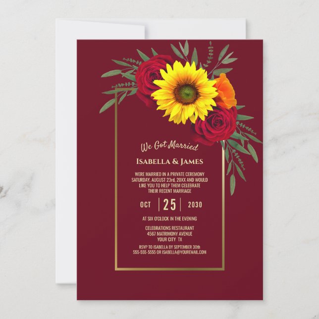 Invitación Recepción de Boda con Girasoles Dorados de Borgoña (Anverso)