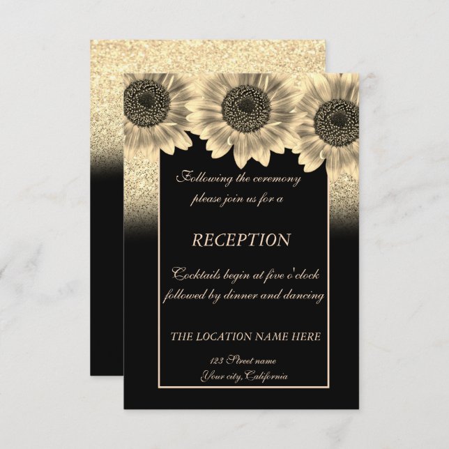Invitación Recepción de boda con girasoles y brillo dorado (Anverso / Reverso)