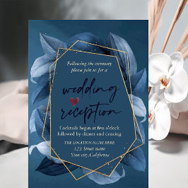 Invitación Recepción de boda con hojas azules y marco dorado 