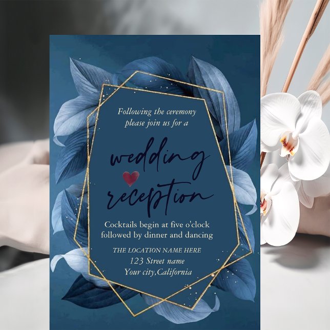 Invitación Recepción de boda con hojas azules y marco dorado  (Subido por el creador)