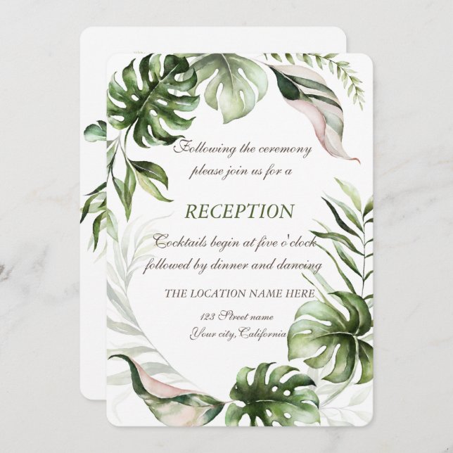 Invitación Recepción de boda con hojas tropicales al acuarela (Anverso / Reverso)