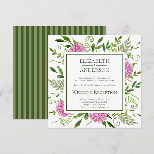 Invitación Recepción de Boda con Hortensias Rosadas (Anverso / Reverso)