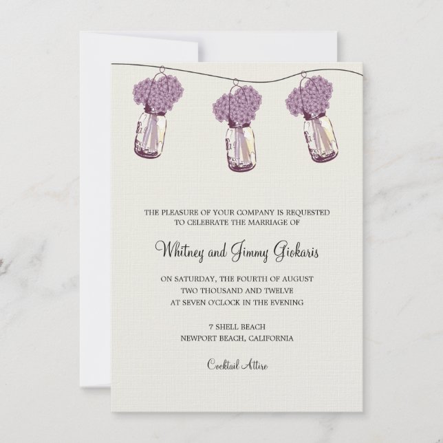 Invitación Recepción de Boda con Hortensias y Frascos de Maso (Anverso)