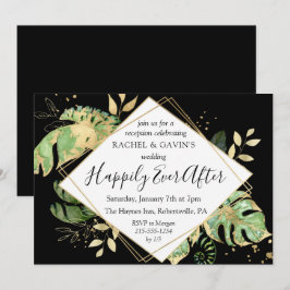 Invitación Recepción de Boda con Huida Tropical Negro y Dorad