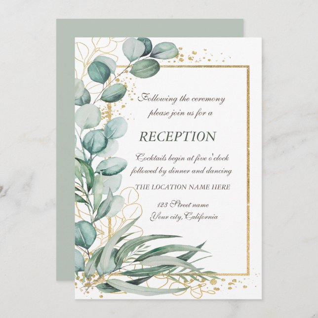 Invitación Recepción de boda con marco de oro y vegetación de (Anverso / Reverso)