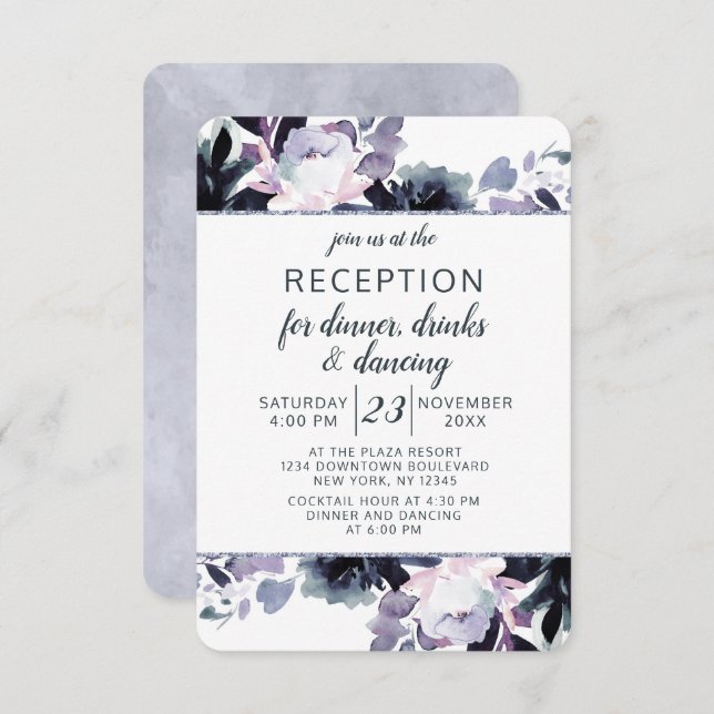Invitación Recepción de Boda con Marco de Plata Floral Noctur (Anverso / Reverso)