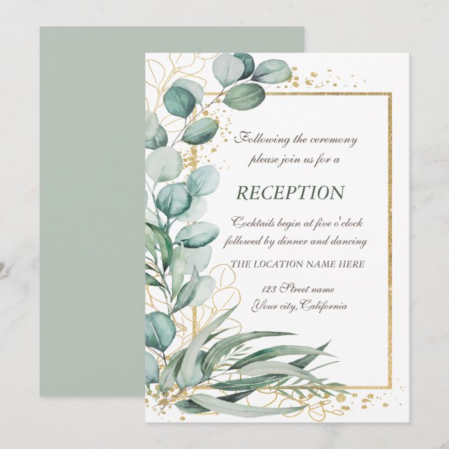 Invitación Recepción de boda con marco dorado de eucalipto (Anverso / Reverso)