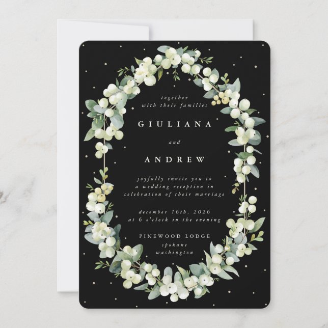 Invitación Recepción de Boda con Snowberry Negro + Eucalipto  (Anverso)