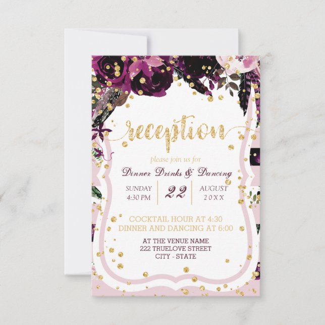 Invitación Recepción de Boda Confeti Dorado Floral Morado Chi (Anverso)