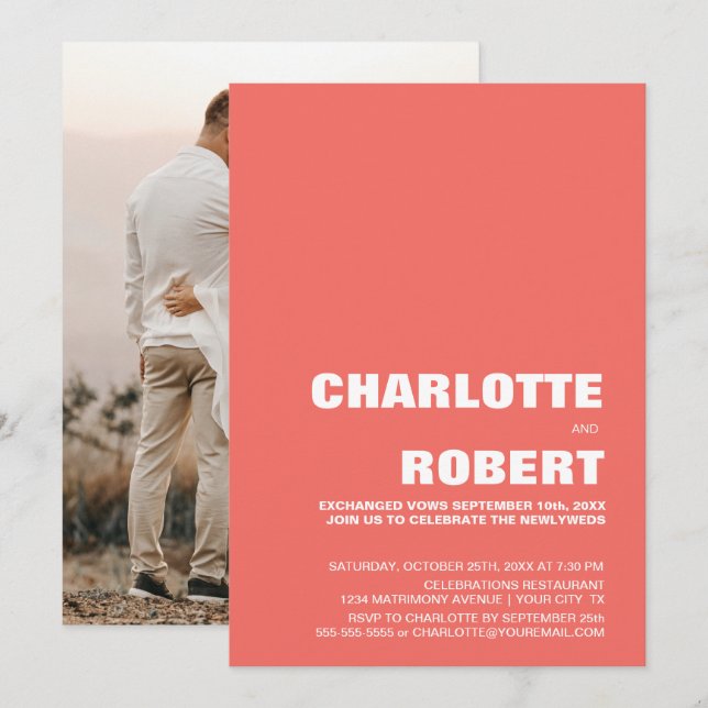 Invitación Recepción de Boda Coral Moderna (Anverso / Reverso)