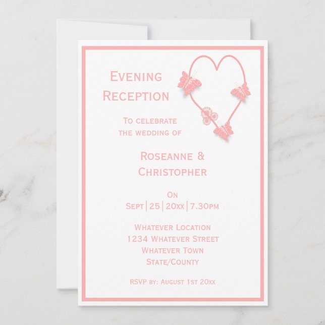 Invitación Recepción de Boda Corazón Mariposas Rosas (Anverso)