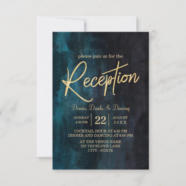 Invitación Recepción de Boda de Acuarela Azul Marino y Dorado (Anverso)