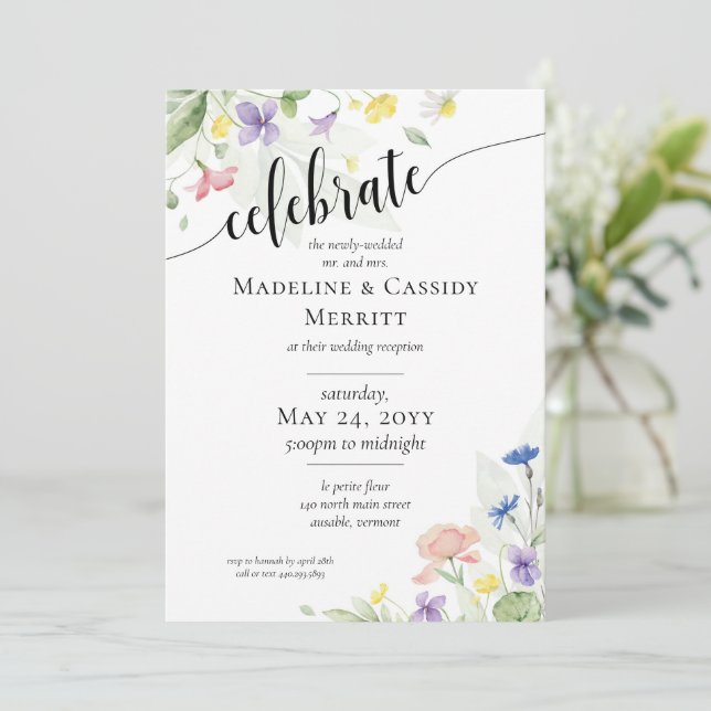 Invitación Recepción de Boda de Acuarela Elegante de Flores S (Anverso de pie)