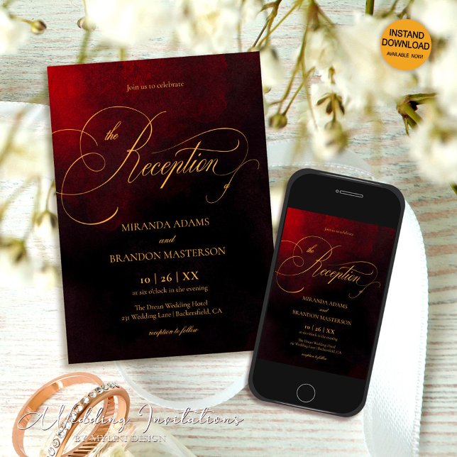 Invitación Recepción de boda de caligrafía de oro rojo y negr (Subido por el creador)