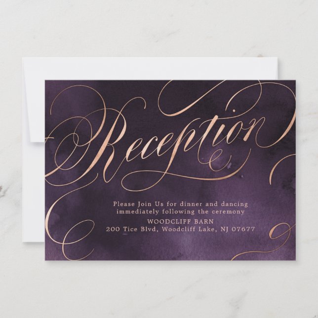 Invitación Recepción de boda de caligrafía dorada morada temp (Anverso)