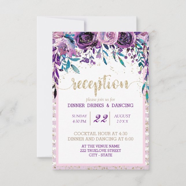 Invitación Recepción de boda de champán floral púrpura dorado (Anverso)