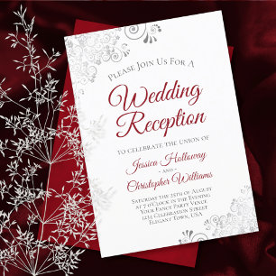 Invitación Recepción de Boda de Encaje de Plata Rojo Carmesí 