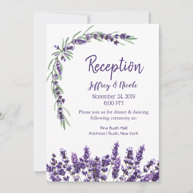 Invitación Recepción de Boda de Flor Lilac de Lavanda Púrpura (Anverso)