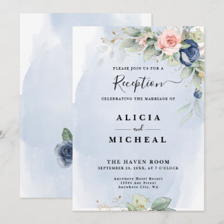 Invitación Recepción de boda de flor rosa azul de la marina y