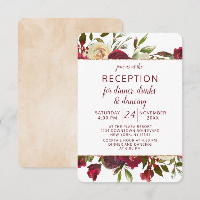 Invitación Recepción de Boda de Floral de Invierno en Mistlet (Anverso / Reverso)