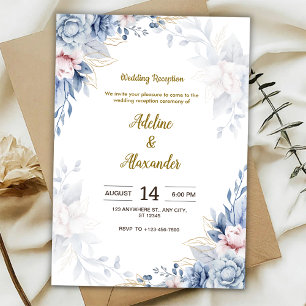 Invitación Recepción de boda de flores azules y doradas