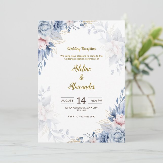 Invitación Recepción de boda de flores azules y doradas (Subido por el creador)