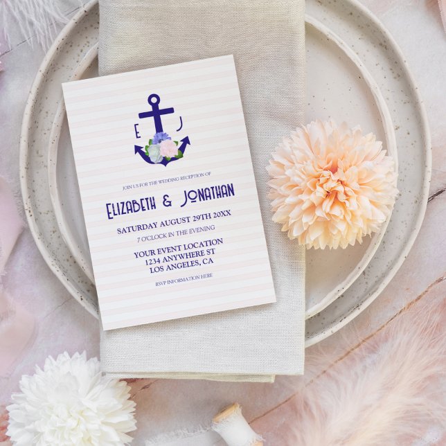 Invitación Recepción de Boda de Flores Náuticas a Rayas (Subido por el creador)