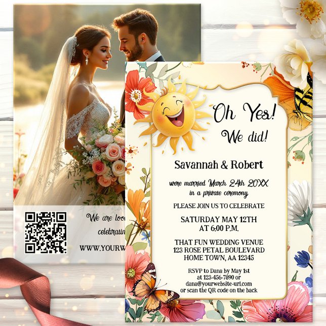 Invitación Recepción de Boda de Flores Silvestres Caprichosa  (After wedding invitation features a laughing sun on a watercolor wildflower design. With photo + QR)