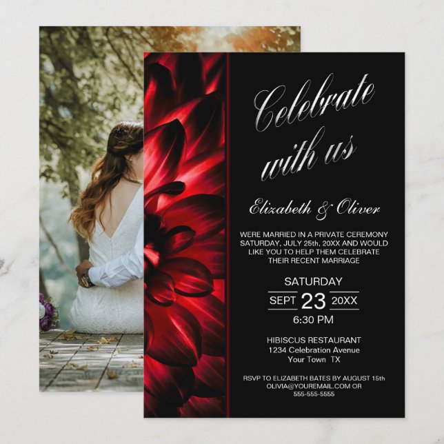 Invitación Recepción de Boda de Foto Floral Rojo Negro (Anverso / Reverso)