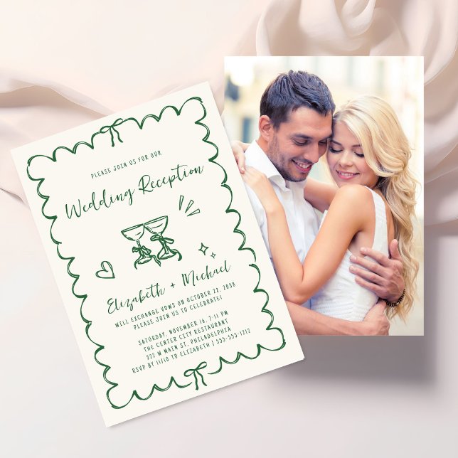 Invitación Recepción de Boda de Foto Verde Dibujada a Mano Ca (Fun reception invitation featuring whimsical hand drawn wine glasses with hearts + coquette bows)