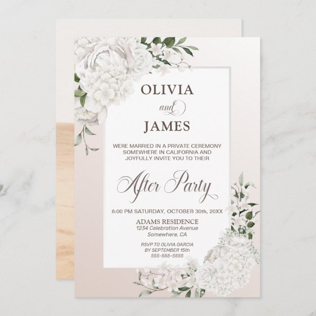 Invitación Recepción de boda de fotos con flores blancas (Anverso / Reverso)