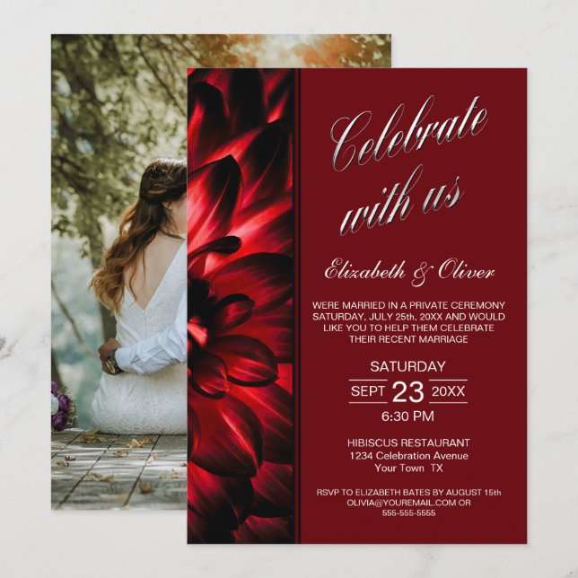 Invitación Recepción de boda de fotos con flores rojas (Anverso / Reverso)