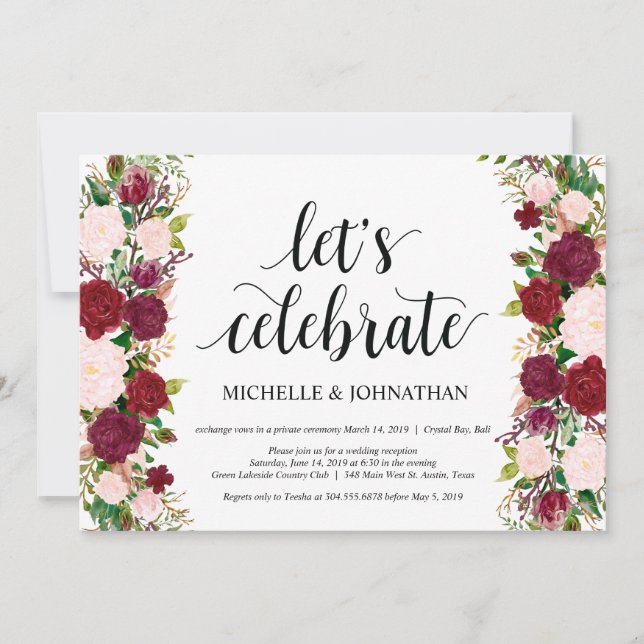 Invitación Recepción de boda de fuga floral rosa Marsala (Anverso)