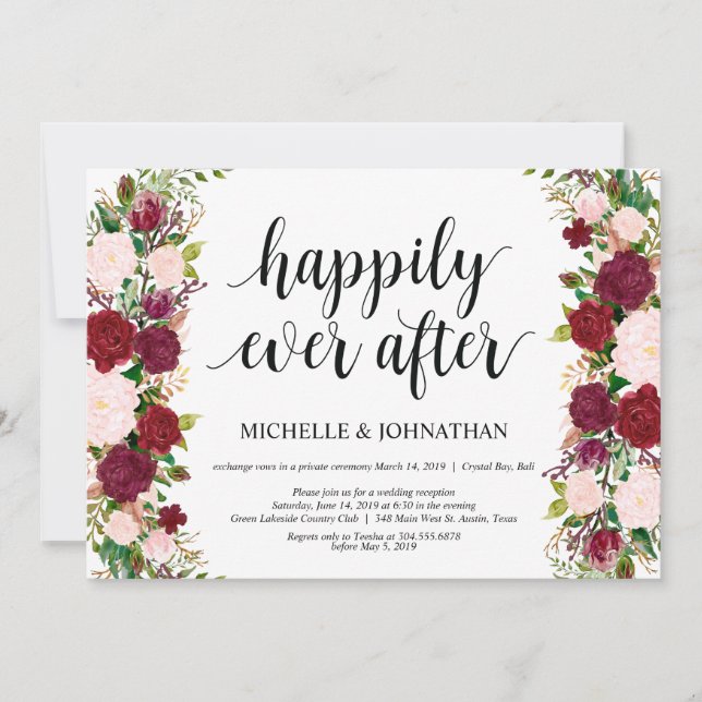 Invitación Recepción de boda de fuga floral rosa Marsala (Anverso)