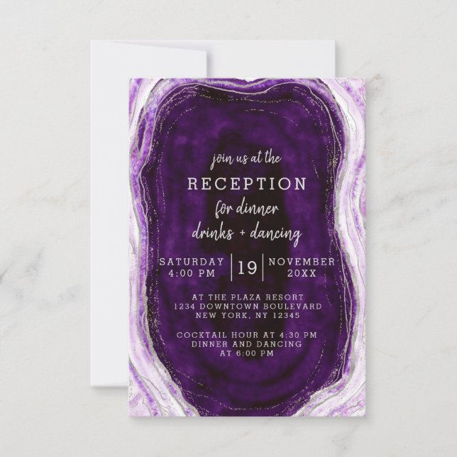 Invitación Recepción de Boda de Geoda de Morado y Plata (Anverso)