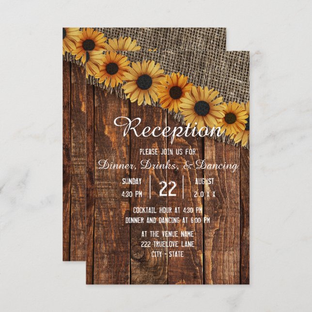 Invitación Recepción de Boda de Girasoles de Madera Rústica y (Anverso / Reverso)