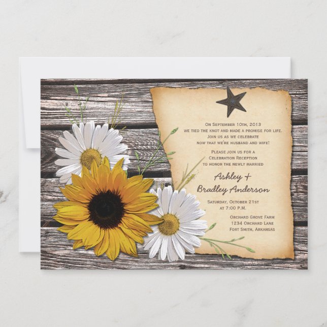 Invitación Recepción de Boda de Girasoles Rústicos y Margarit (Anverso)
