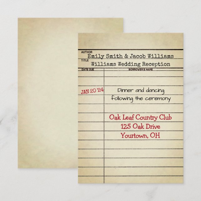 Invitación Recepción de Boda de la Biblioteca Retro (Anverso / Reverso)