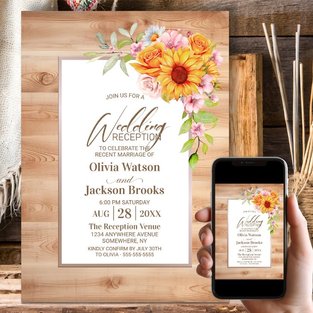Invitación Recepción de boda de madera floral de girasol (Subido por el creador)