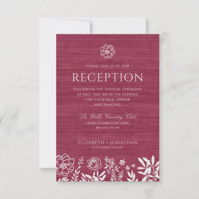 Invitación Recepción de Boda de Madera Floral Rústica Rojo Bo (Anverso)