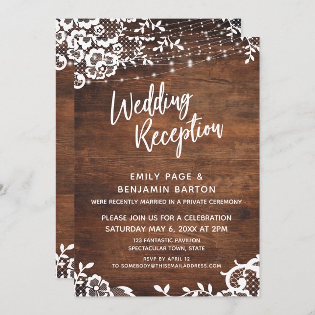 Invitación Recepción de Boda de Madera Rústica, Luces y Encaj (Anverso / Reverso)