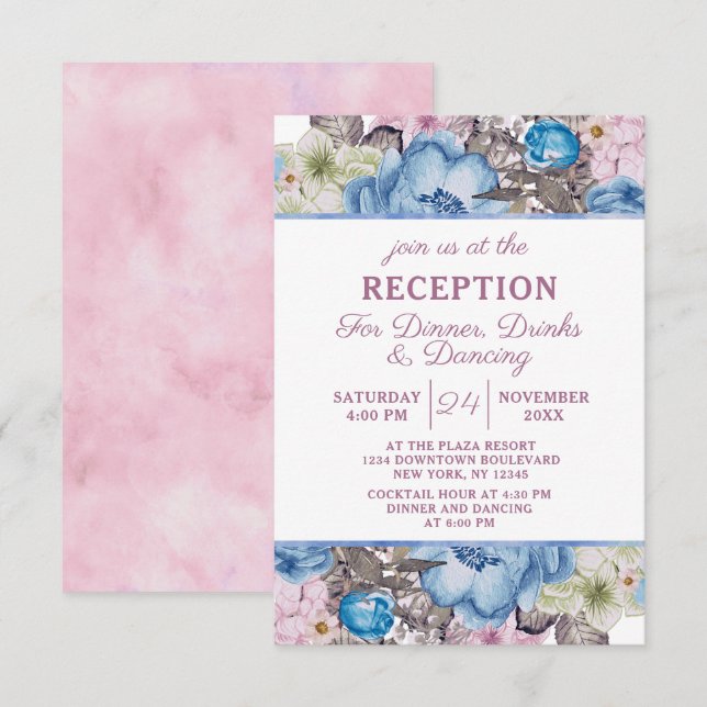 Invitación Recepción de boda de Moda azul y rosa con encanto  (Anverso / Reverso)