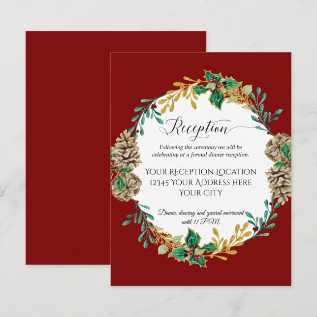 Invitación Recepción de Boda de Navidad de Acebo de Pino de O (Anverso / Reverso)