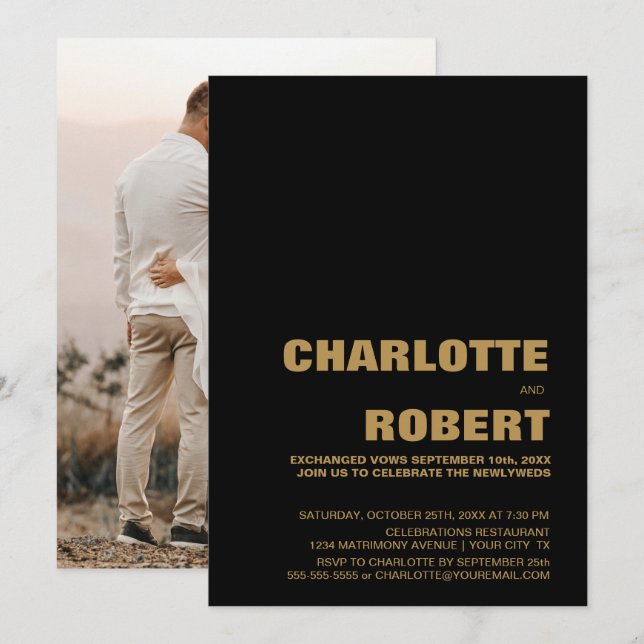 Invitación Recepción de Boda de Oro Negro Moderno (Anverso / Reverso)