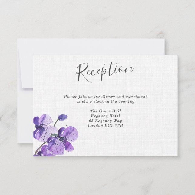 Invitación Recepción de Boda de Orquídeas con Acuarela Violet (Anverso)