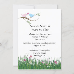 Invitación Recepción de Boda de Pájaros de Amor Rosa y Azul S