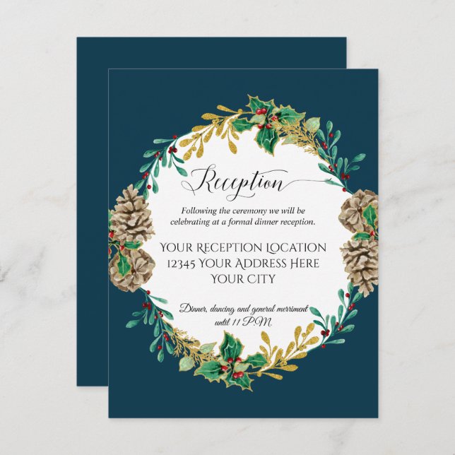 Invitación Recepción de Boda de Piñas de Navidad de Oro Azul  (Anverso / Reverso)