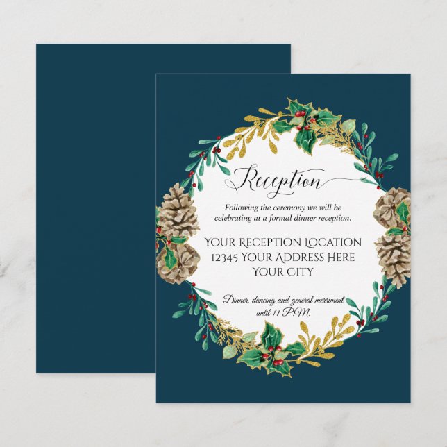 Invitación Recepción de Boda de Piñas de Navidad en Oro Naval (Anverso / Reverso)