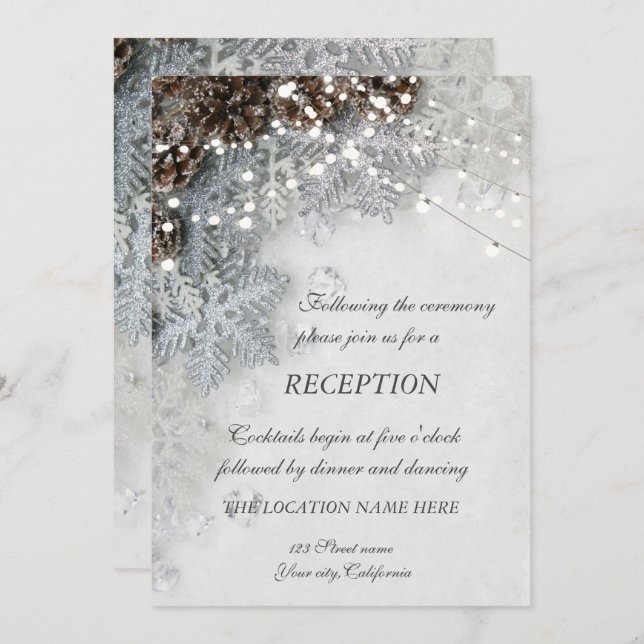 Invitación Recepción de boda de piñas y copos de nieve (Anverso / Reverso)