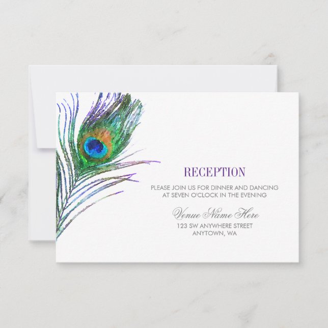Invitación Recepción de boda de pluma de pavo real acuarela (Anverso)